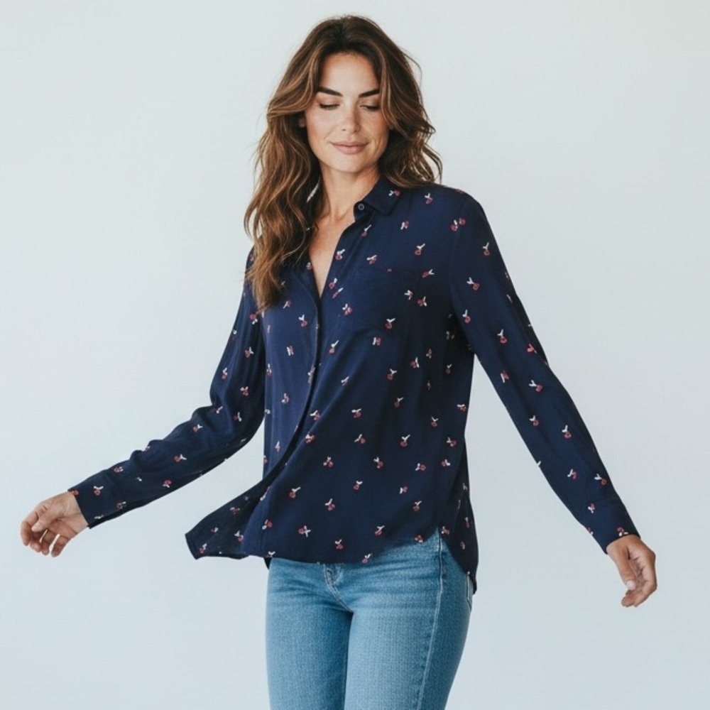 Rails Kate Navy Cherry Print Button Down Shirt XS Rayon Viscose
